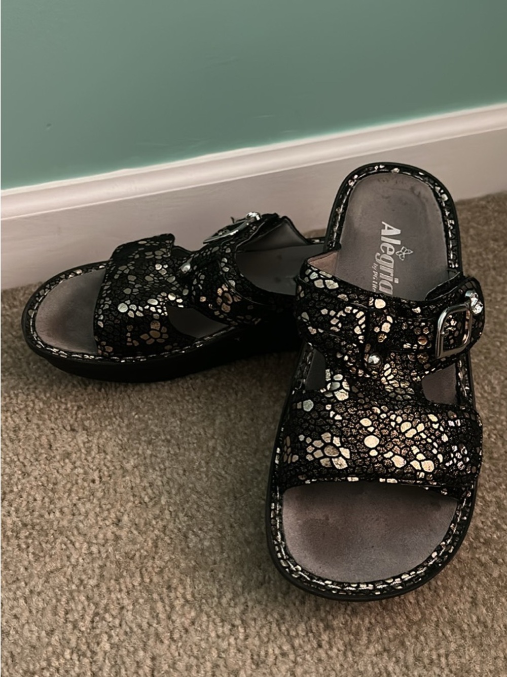 Alegria Black Metallic Mosaic Slide Sandals